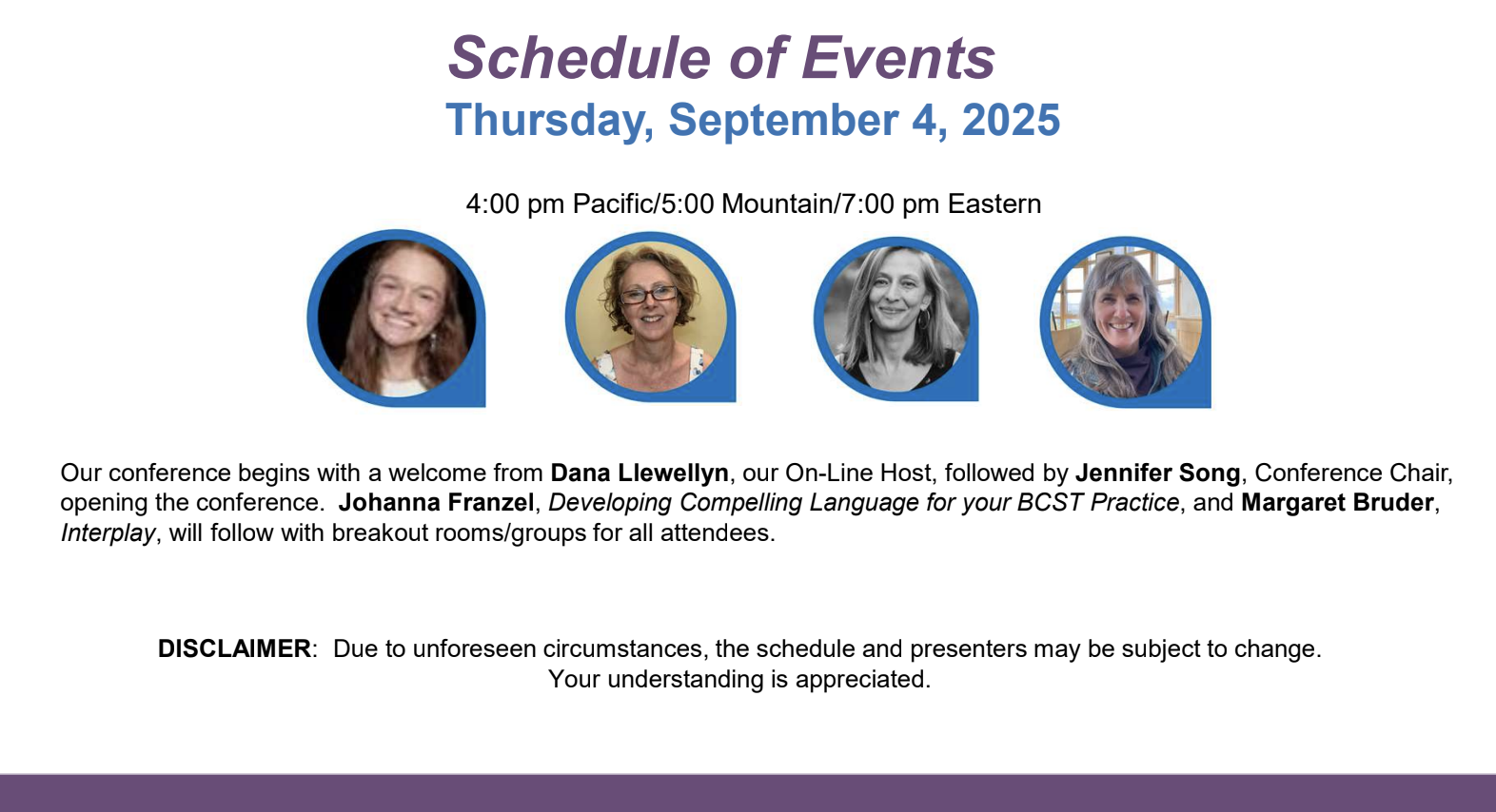 image listing opening night activities: Starting at 4:15pm pacific and 7:15pm eastern. Welcome with Jennifer Song, What is craniosacral therapy? with Johanna Franzel, Interplay with Margaret Bruder